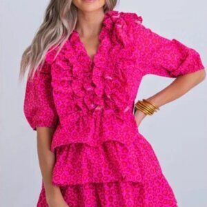NWT Karlie Pink Ruffle Smocked Leopard Dress